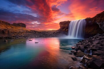 beautiful waterfall nature landscape at sunset