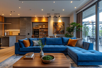 Modern Blue Sectional Couch with Coffee Table