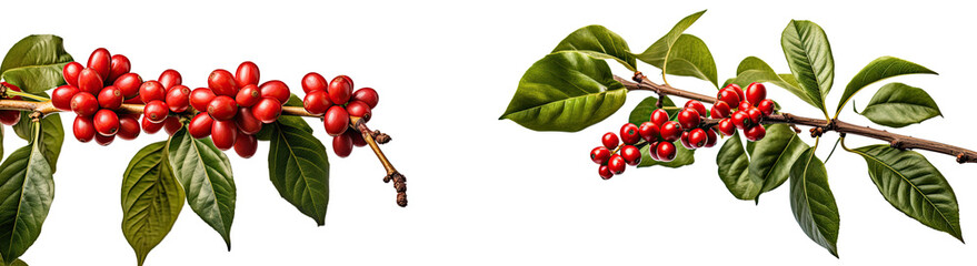 Red Coffee beans on a tree branch collection , Raw Coffee beans on a tree branch illustration PNG element cut out transparent isolated on white background ,PNG file ,artwork graphic design.