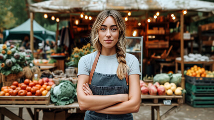 Portrait of a young woman near a stall in the outdoor food market.  - obrazy, fototapety, plakaty