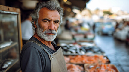 Portrait of an elderly man near a stall in the outdoor food market.  - obrazy, fototapety, plakaty