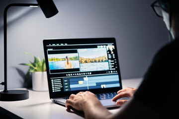 Video edit and film making with editor. Content production. Man editing movie with computer...