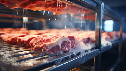 Thick cuts of raw pork beef on conveyor belt pink fresh factory line - obrazy, fototapety, plakaty