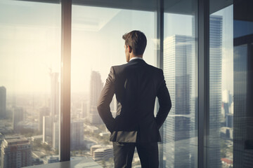 businessman in the high rise office looking through window city view with golden hour lighting