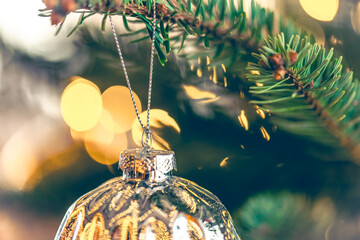 Silver shiny Christmas ball on a Christmas tree branch, close-up.