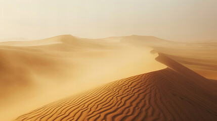 Fototapeta na wymiar Beautiful sandstorm in desert dune landscape. faded colors