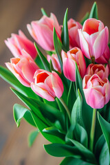 Fototapeta premium bouquet of tulips. pupils in a vase. st valentine. valentine's day. celebration, cozy and beauty. beautiful flowers in a vase.