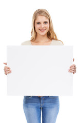 Fototapeta premium Portrait, woman and announcement with blank poster, promotion and opportunity isolated on a white studio background. Face, person and model with mockup space, feedback and billboard with information