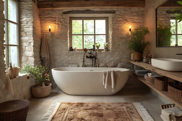 Modern Bathroom with Stone Walls and Stylish Furniture