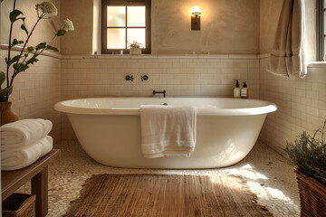 Fototapeta na wymiar Beautiful Bathtub with Hanging Flowers