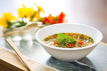 spicy lentil soup with chili pepper garnish