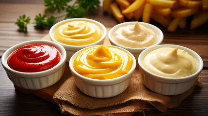 Deurstickers Ketchup, mustard and mayonnaise in bowls on a wooden table © Oleksandr