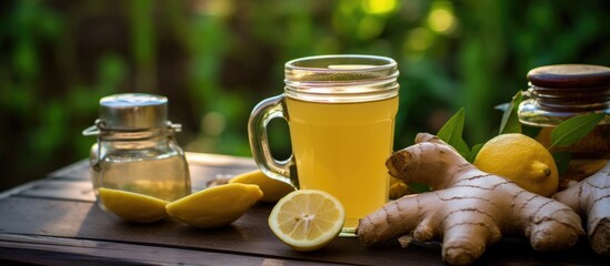 Ginger-infused drink with lemon, honey, acts as anti-inflammatory, antioxidant, and improves blood sugar. - obrazy, fototapety, plakaty