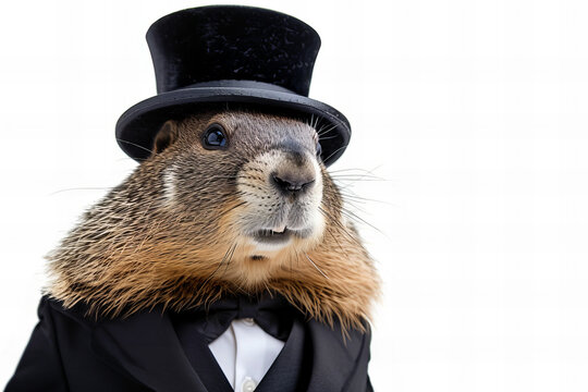 A groundhog in a top hat poses in a photo studio. isolated on white background. copy space