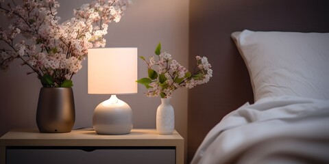 Lamp and flowers on the nightstand in the bedroom. Home interior in Scandinavian style.