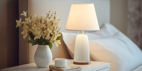 Lamp and flowers on the nightstand in the bedroom. Home interior in Scandinavian style.