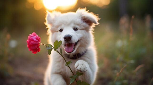 Cute dog and flower against nature background
