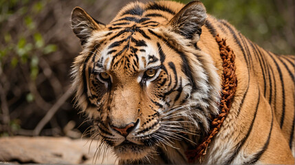 Close up of the face of an Amur Tiger Panthera tigris altaica, also called a Siberian tiger, with detail of the fur markings and eyes Omaha, Nebraska, United States of America - obrazy, fototapety, plakaty