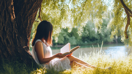 In midst of serene and sunny day, Asian woman discovers happiness within pages of her book, taking solace under tree on lush green grass at river - obrazy, fototapety, plakaty