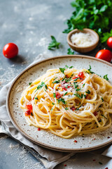 delicious Italian pasta carbonara modern food photography in rustic style . in detail
