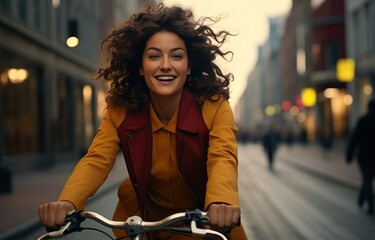 Fototapeta na wymiar A young woman riding a bicycle on a city street, commuter lifestyle photo