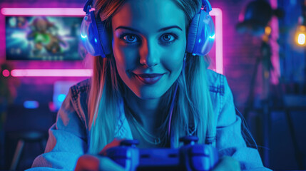 A focused female gamer with headphones and a controller is immersed in a vibrant, neon-lit gaming environment, her face illuminated by the screen's glow.