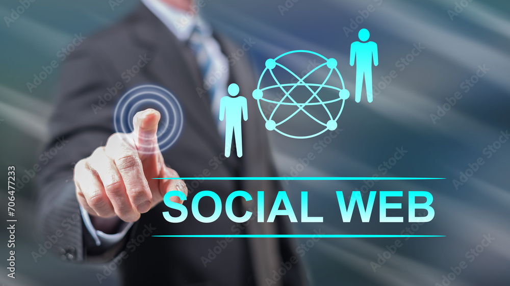 Wall mural man touching a social web concept