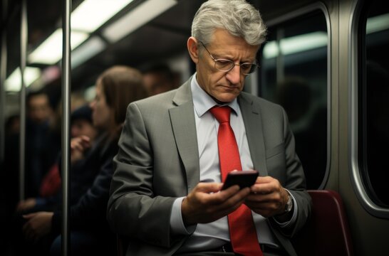 Businessman checking phone on train, commuter lifestyle photo