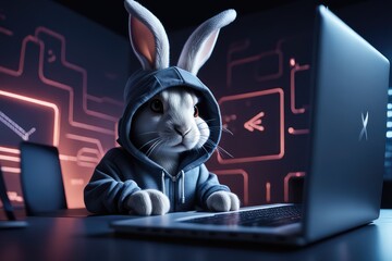 The Easter Bunny is a programmer. The Easter bunny is working at the computer. The Hacker Rabbit