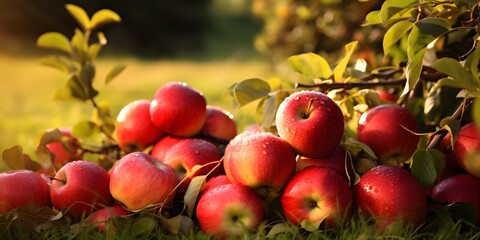 ripe apples in the idyllic autumn meadow, apple harvest close-up