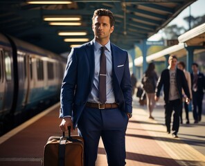 Businessman in suit standing at train station, public transport city picture