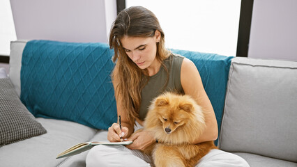 Smart, young hispanic woman, pensively sitting with her dog on the sofa at home, deeply immersed in writing her thoughts in the notebook. - obrazy, fototapety, plakaty