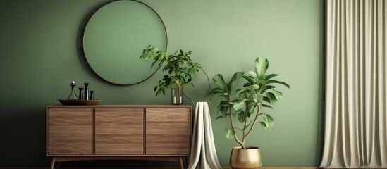Green textured walls with a round mirror, large windows with curtains, and a wooden floor in an empty room featuring a console table, table lamp, live plants in a vase, and a vintage wooden chair.