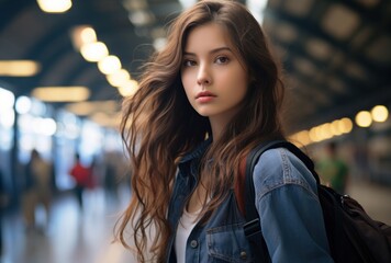Photo of a stylish young woman carrying a backpack at a train station, commuter lifestyle photo