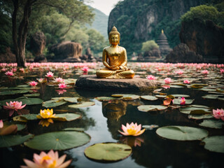 buddha statue in pond surrounded by lotus. Generative AI