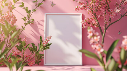 White frame and canvas on pink background with pink flowers foreground. 3d illustration.