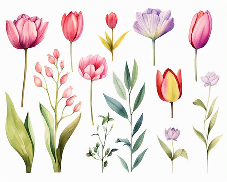 Tulip flowers and leaves, spring elements collection, isolated watercolor illustration