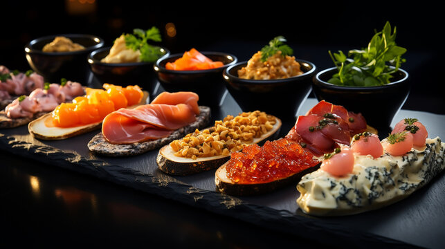 Mix of different snacks and appetizers. Spanish tapas on a black stone background. Tapas bar. Space for text.