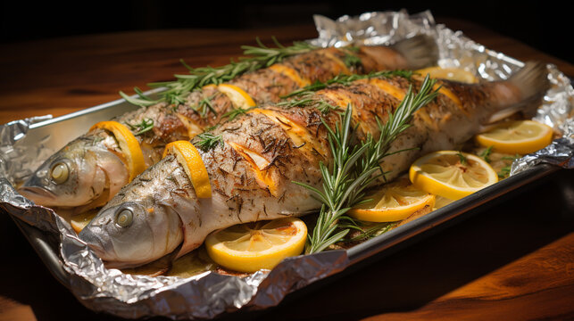 Roasted fish with lemon on plate.Delicious baked fish.Copy space