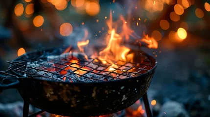Poster Hot BBQ grill with flaming fire and charcoal For a background image of grilling food. © Littleforest Stocker