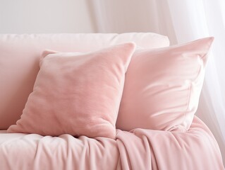 Blush pink plush velvet blanket and pillow on the sofa, cozy fur fabrick