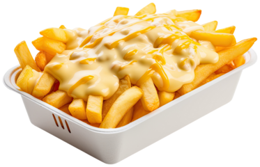 Fries potato in white foam box with melted cheese  illustration PNG element cut out transparent isolated on white background ,PNG file ,artwork graphic design.