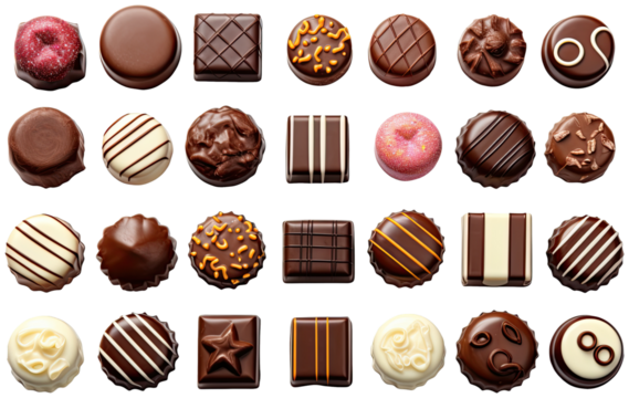 Different sortiments of chocolate candies illustration PNG element cut out transparent isolated on white background ,PNG file ,artwork graphic design.