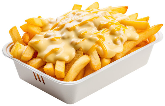 Fries potato in white foam box with melted cheese  illustration PNG element cut out transparent isolated on white background ,PNG file ,artwork graphic design.