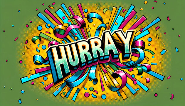 a vivid, celebratory graphic with the word "HURRAY" in bold, colorful letters at the forefront