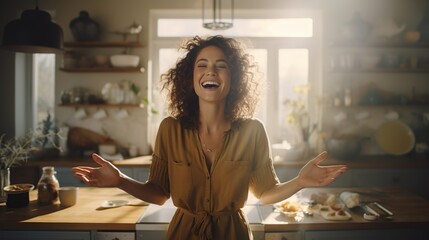 A radiant woman with curly hair laughing and enjoying her time in a bright, naturally lit kitchen setting. - obrazy, fototapety, plakaty