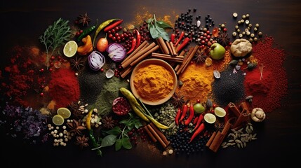 A rich array of spices and herbs scattered on a dark background, creating a tapestry of culinary ingredients.