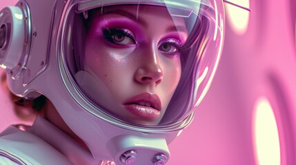 Beautiful woman in futuristic costume over pink background.Girl in 3d glasses of virtual reality.Businesswoman portrait in vr glasses headset, cyber world and digital data.pink tone