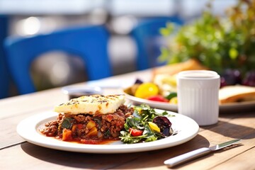 moussaka plated with a greek salad on a sunny outdoor table