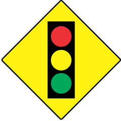 Traffic light on yellow background, Traffic lights ahead road sign